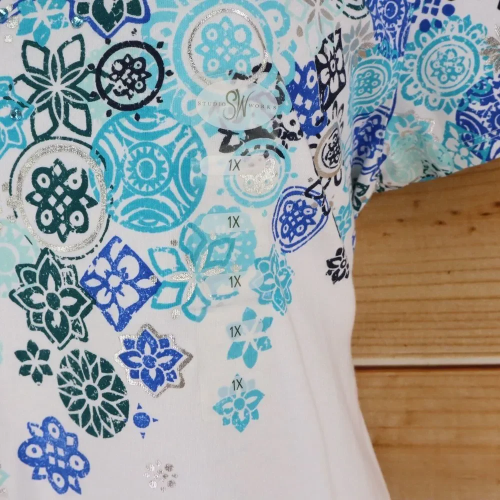 Studio Works Short Sleeve Shirt Womens Sz 1X White Blue Floral Cotton V-Neck NEW - Picture 6 of 8